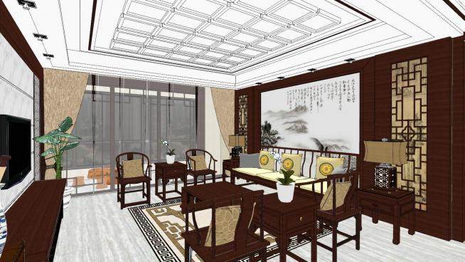 中式风客餐厅室内SU模型下载_sketchup草图大师SKP模型