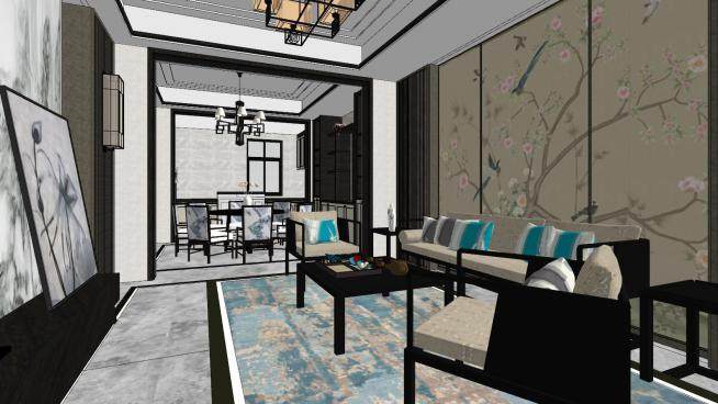 新中式客餐厅室内设计SU模型下载_sketchup草图大师SKP模型