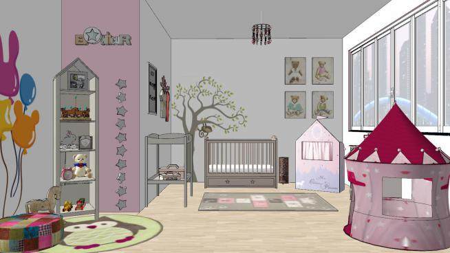 粉色儿童房室内SU模型下载_sketchup草图大师SKP模型