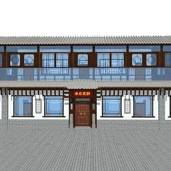 水石花园民宿茶楼建筑SU模型下载_sketchup草图大师SKP模型