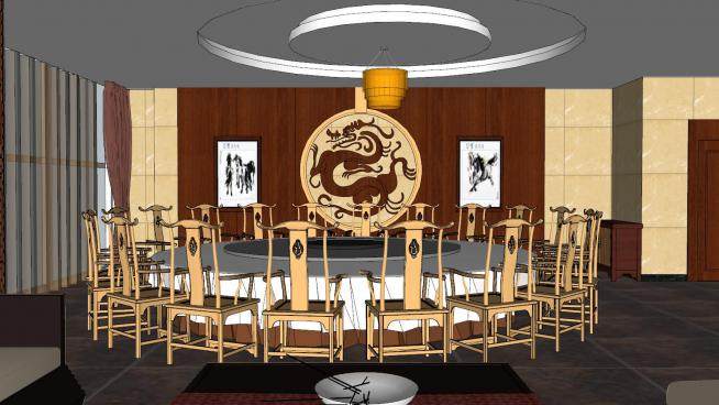 新中式宴会餐厅室内SU模型下载_sketchup草图大师SKP模型