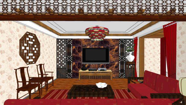 新中式家装客厅设计SU模型下载_sketchup草图大师SKP模型