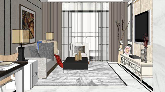 现代公寓客厅室内SU模型下载_sketchup草图大师SKP模型
