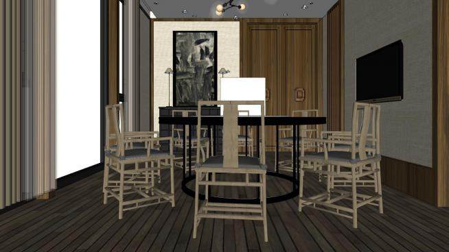 新中式家装餐厅家具SU模型下载_sketchup草图大师SKP模型