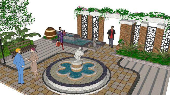 欧式喷泉花园SU模型下载_sketchup草图大师SKP模型