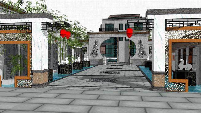 中式庭院水景景墙SU模型下载_sketchup草图大师SKP模型