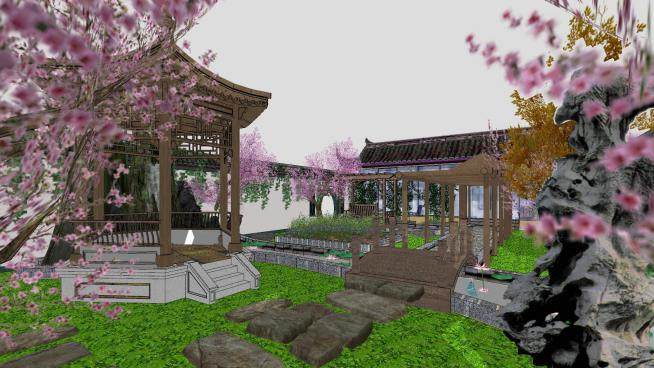 中式建筑庭院花园SU模型下载_sketchup草图大师SKP模型