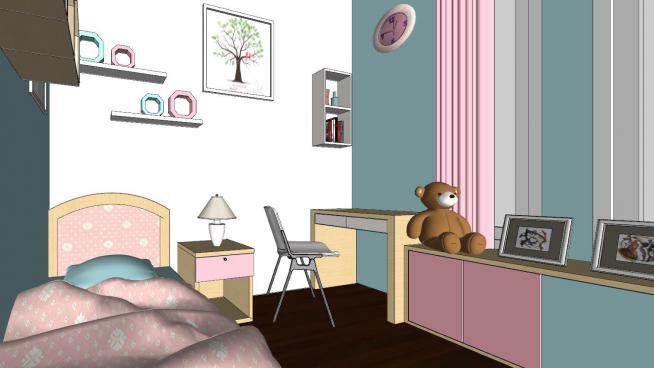 北欧女孩儿童卧室SU模型下载_sketchup草图大师SKP模型