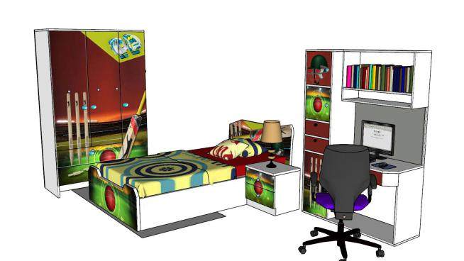 现代儿童房卧室家具SU模型下载_sketchup草图大师SKP模型