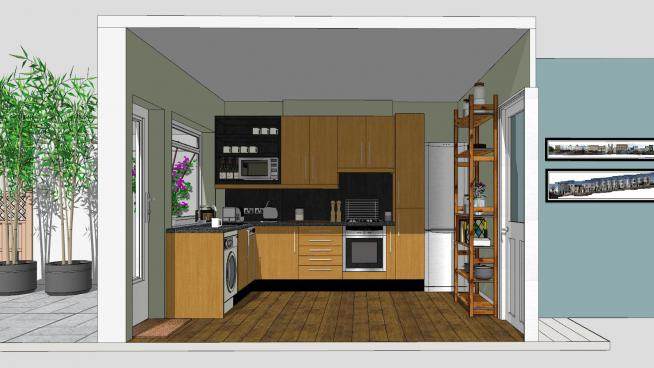 现代实木厨房置物架SU模型下载_sketchup草图大师SKP模型