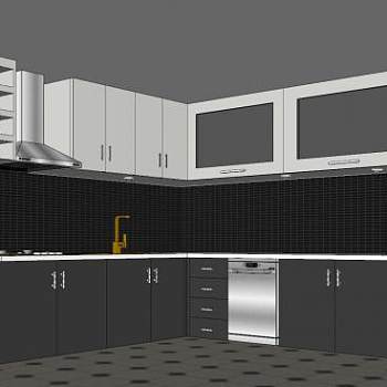 现代黑色厨房橱柜SU模型下载_sketchup草图大师SKP模型