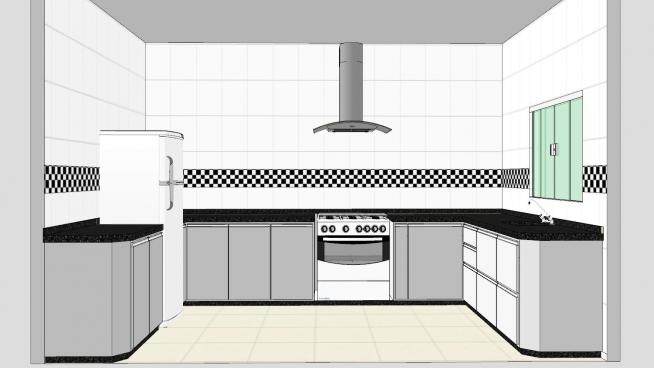 极简白色U型厨房SU模型下载_sketchup草图大师SKP模型