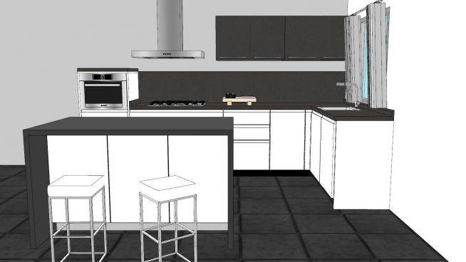 现代黑白色岛型厨房SU模型下载_sketchup草图大师SKP模型