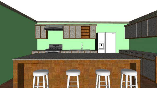 绿色背景墙大型厨房SU模型下载_sketchup草图大师SKP模型