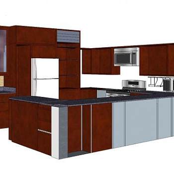 美式红木厨房SU模型下载_sketchup草图大师SKP模型