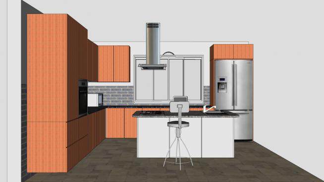 现代橙色厨房设计SU模型下载_sketchup草图大师SKP模型