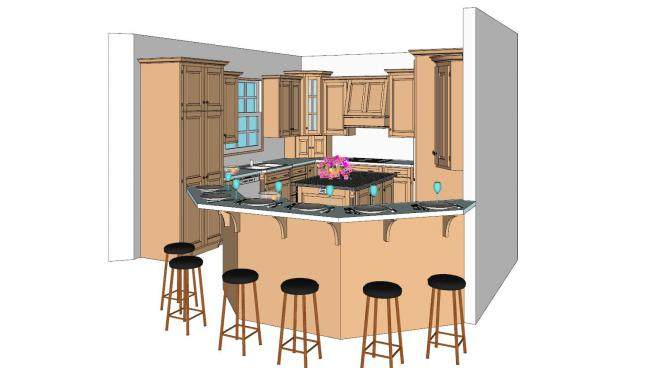 现代岛型厨房吧台室内SU模型下载_sketchup草图大师SKP模型