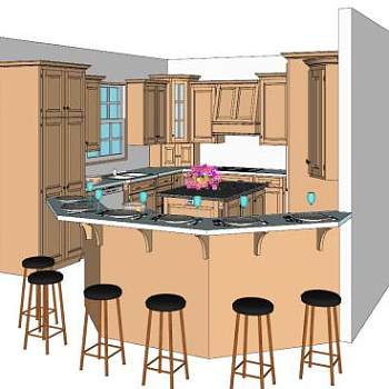 现代岛型厨房吧台室内SU模型下载_sketchup草图大师SKP模型