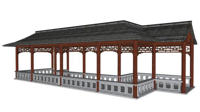 中国古建筑连廊su模型下载_sketchup草图大师SKP模型