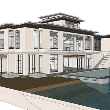 新中式别墅外观SU模型下载_sketchup草图大师SKP模型