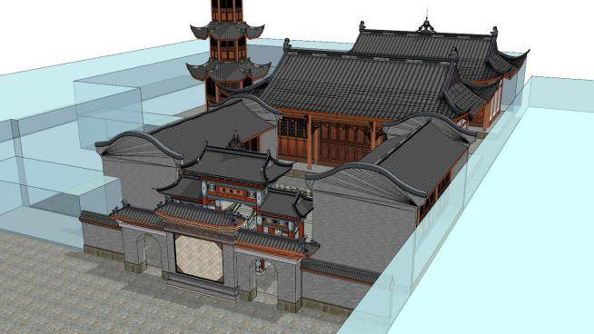 中式寺院外观SU模型下载_sketchup草图大师SKP模型