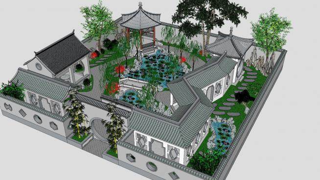 中式庭院景观规划sketchup模型下载_sketchup草图大师SKP模型