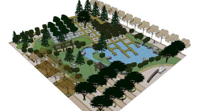 现代公园水池景观SU模型下载_sketchup草图大师SKP模型