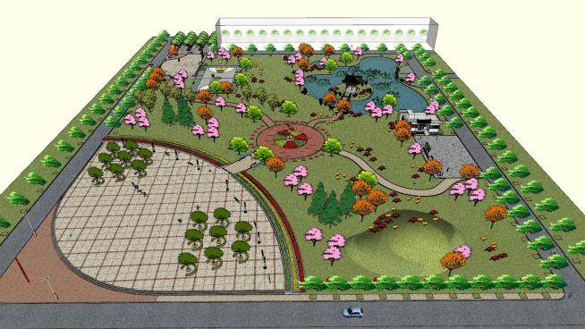 中式池塘公园景观SU模型下载_sketchup草图大师SKP模型