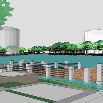 现代河道水榭景观SU模型下载_sketchup草图大师SKP模型