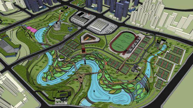 现代城市大型公园规划SU模型下载_sketchup草图大师SKP模型