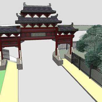 中式牌坊公园建筑SU模型下载_sketchup草图大师SKP模型