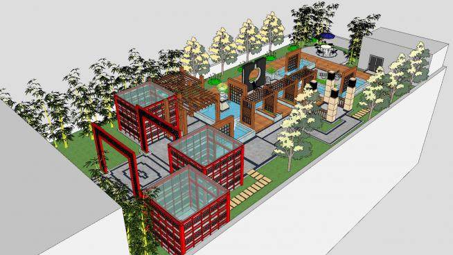 新中式会所屋顶花园sketchup模型下载_sketchup草图大师SKP模型