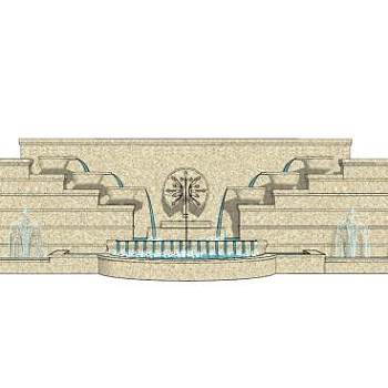 欧式阶梯式流水景墙SU模型下载_sketchup草图大师SKP模型