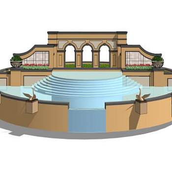 欧式跌水景观墙小品SU模型下载_sketchup草图大师SKP模型