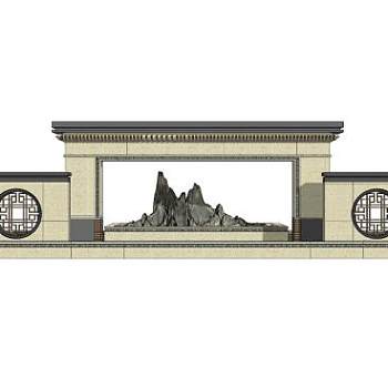 新中式枯山景墙SU模型下载_sketchup草图大师SKP模型