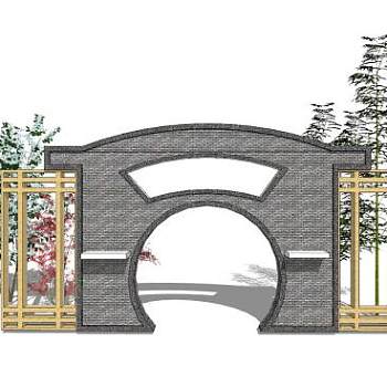 新中式月亮门景观墙SU模型下载_sketchup草图大师SKP模型