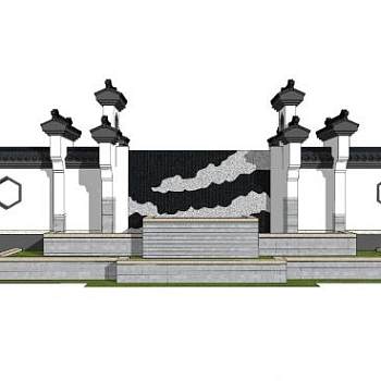 新中式元素景观墙SU模型下载_sketchup草图大师SKP模型