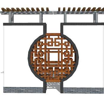 新中式木花窗景观墙SU模型下载_sketchup草图大师SKP模型