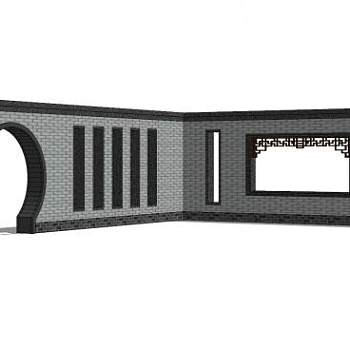 新中式转角月洞门景墙SU模型下载_sketchup草图大师SKP模型