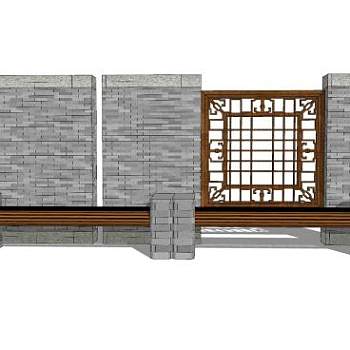 新中式花窗景墙户外椅SU模型下载_sketchup草图大师SKP模型