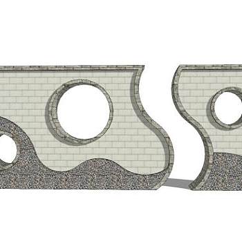 新中式圆漏窗景观墙SU模型下载_sketchup草图大师SKP模型