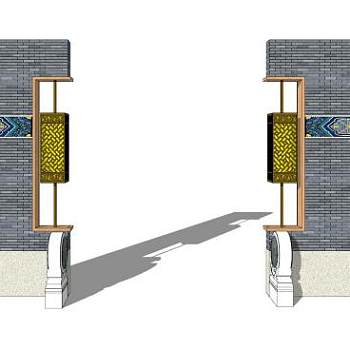 中式壁灯抱鼓石景观墙SU模型下载_sketchup草图大师SKP模型