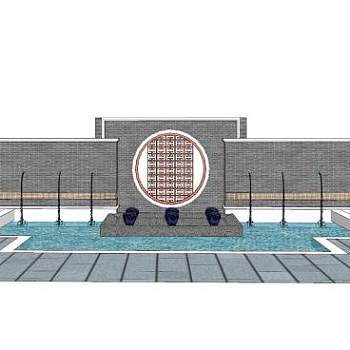 新中式景观墙水景小品SU模型下载_sketchup草图大师SKP模型