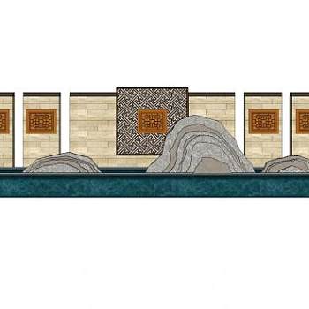 新中式花窗枯山水景墙SU模型下载_sketchup草图大师SKP模型