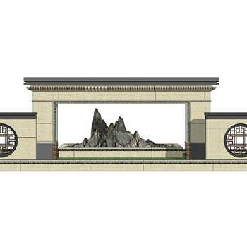 现代花窗景墙山石雕塑SU模型下载_sketchup草图大师SKP模型