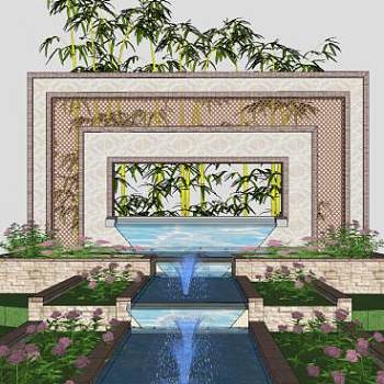 新中式花圃景观流水景墙SU模型下载_sketchup草图大师SKP模型