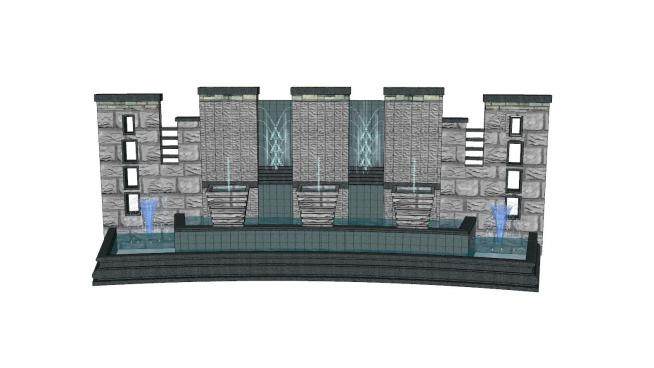 新中式大型喷泉景墙SU模型下载_sketchup草图大师SKP模型