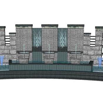 新中式大型喷泉景墙SU模型下载_sketchup草图大师SKP模型