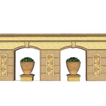 欧式花钵装饰景墙设计SU模型下载_sketchup草图大师SKP模型