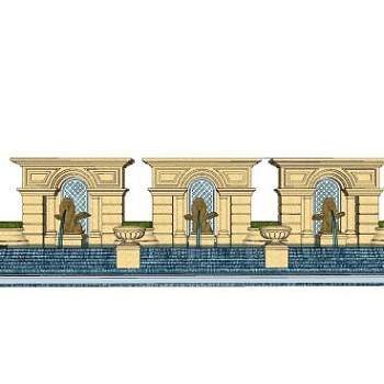 欧式石狮雕塑流水景观墙SU模型下载_sketchup草图大师SKP模型